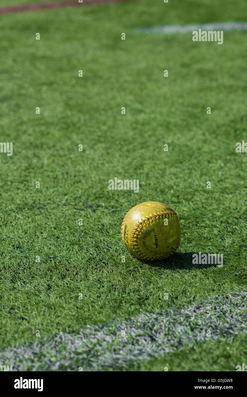 Un base-ball sur un terrain de balle verte. Banque D'Images