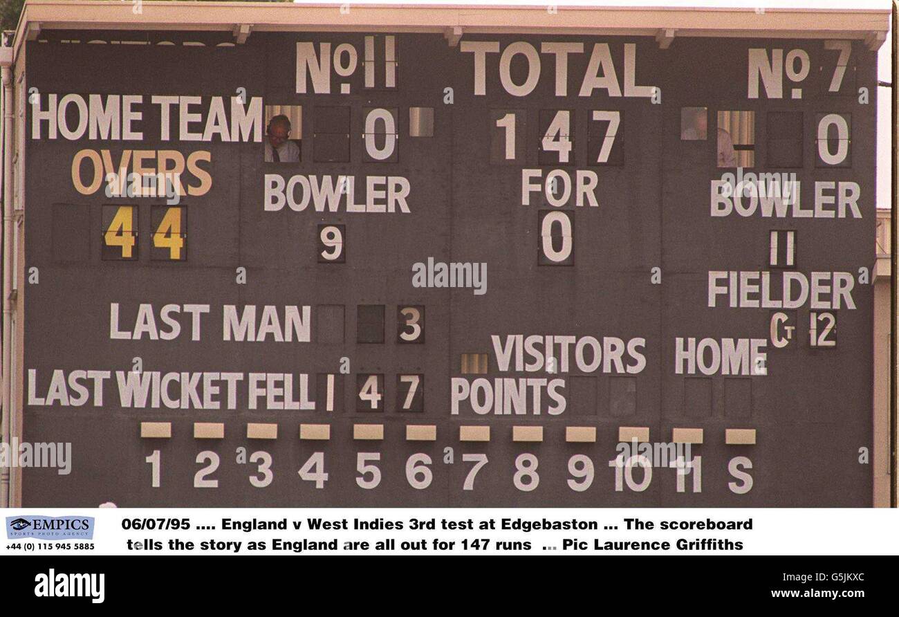 06-JUIN-95 .... Angleterre v West Indies 3e test à Edgebaston .... Le tableau de bord raconte l'histoire, car l'Angleterre est sortie pour 147 courses Banque D'Images