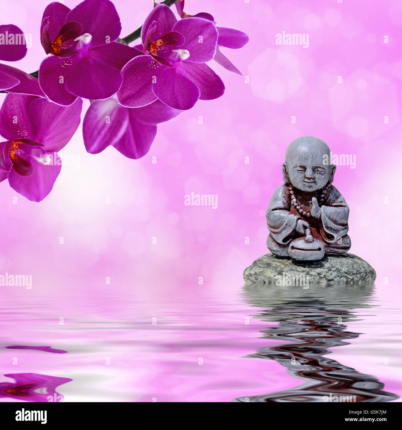 Zen ou le Feng-Shui background-Zen Stone,fleurs d'orchidées et de Bouddha reflète dans l'eau Banque D'Images