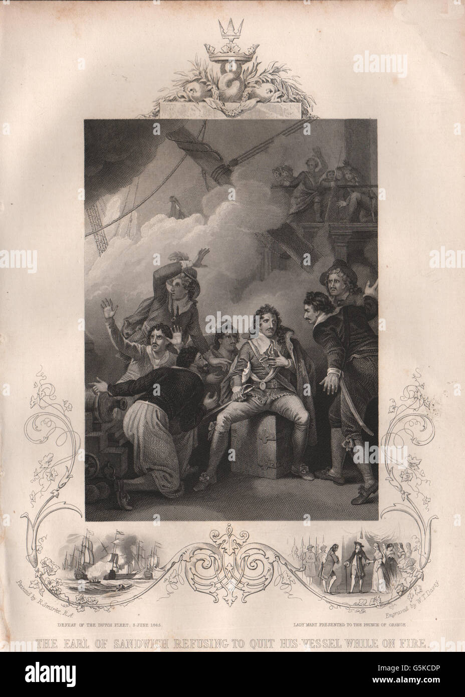 Le Comte de Sandwich : navire en médaillon sur le feu. Défait la flotte néerlandaise, 1853 1665 Banque D'Images