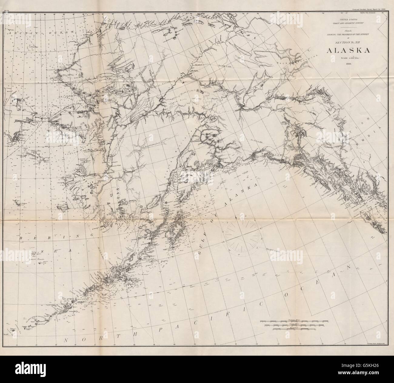 ALASKA CARTE MARINE : les montagnes. Profondeurs de l'océan. Détroit de Béring. USCGS, 1889 map Banque D'Images