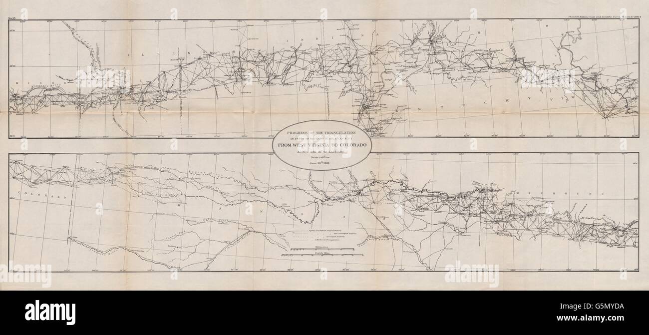 USA:triangulation Transcontinental Virginie de l'Ouest de Colorado 39°.USCGS, 1889 map Banque D'Images