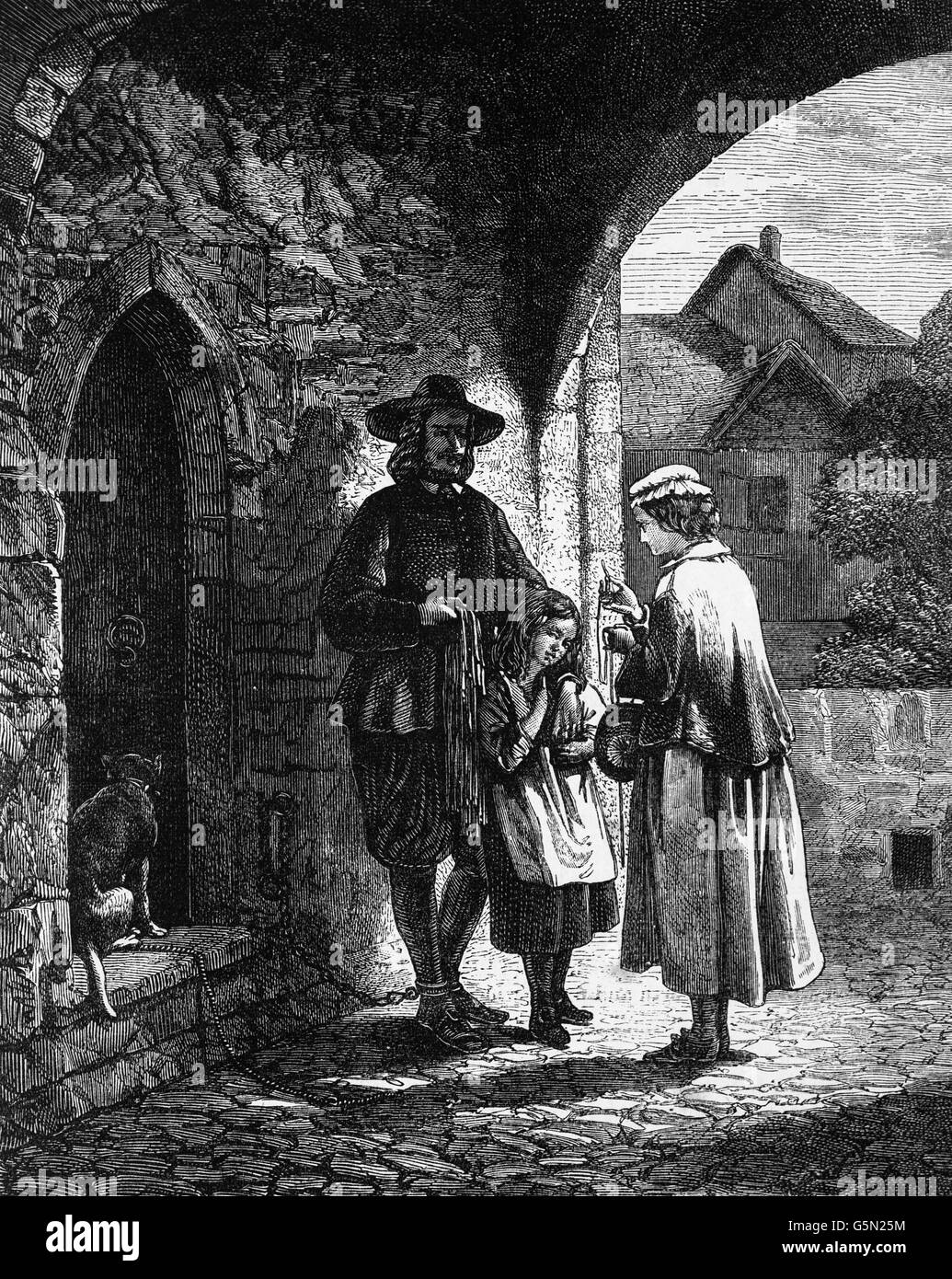 John Bunyan avec son épouse et aveugle la première fille, Marie, est né en 1650, aux portes de la prison de Bedford. Bunyan était un écrivain et prédicateur baptiste mieux connu comme l'auteur de l'allégorie chrétienne 'The Pilgrim's Progress'. Banque D'Images