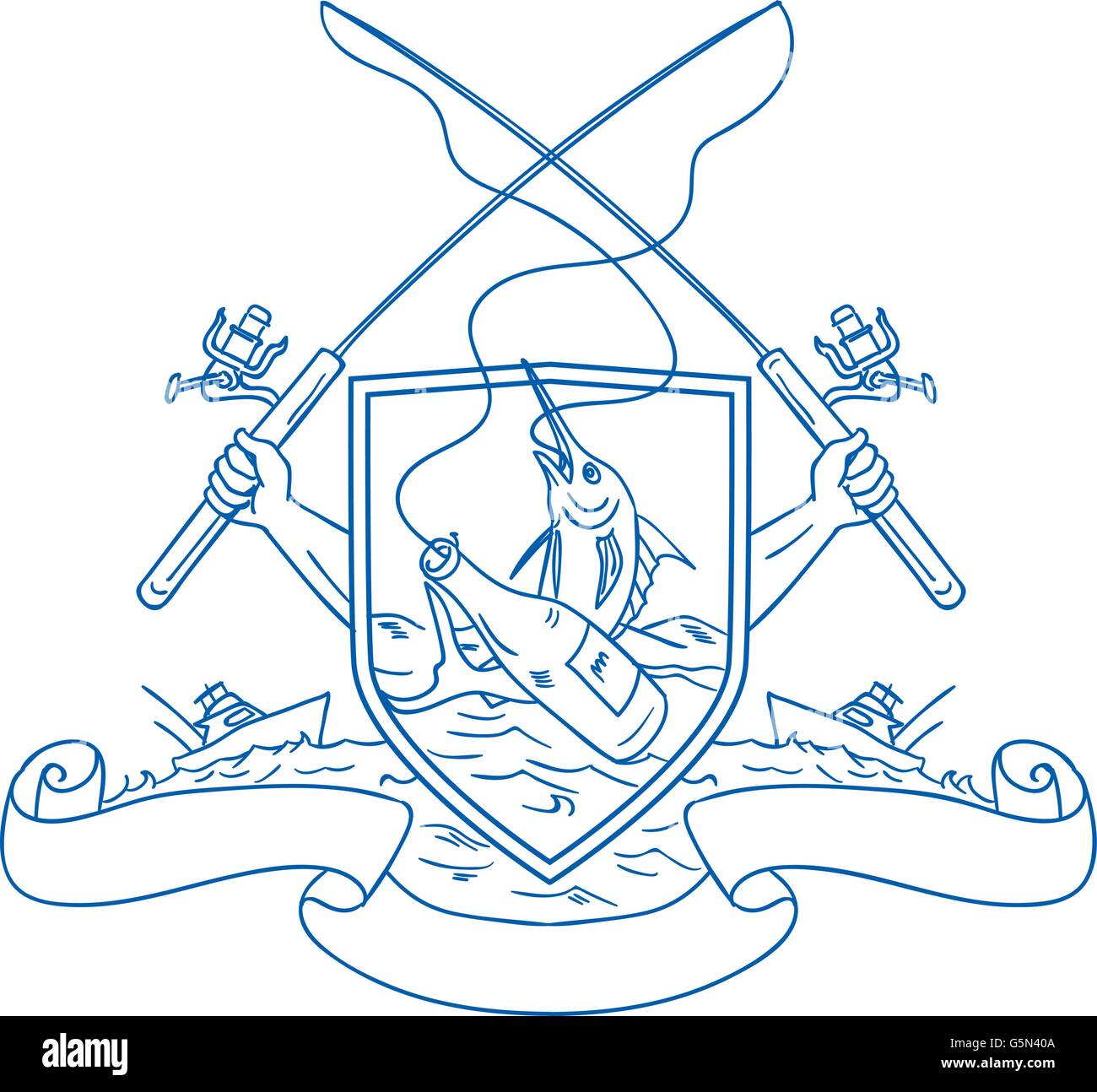 Croquis dessin illustration style de main tenant la canne à pêche et le moulinet de brancher une bouteille de bière et le makaire bleu avec du poisson de mer profonde Illustration de Vecteur