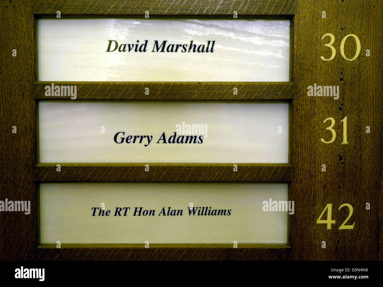 La plaque d'identification du corridor pour le bureau du président de Sinn Fein Gerry Adams à la Chambre des communes, à Londres, le jour où lui-même et trois autres députés de Westminster du parti, Michelle GilderNew, Martin McGuinness et Pat Doherty, ont pris leurs bureaux. * pour la première fois. Gerry Adams a exhorté le Premier ministre Tony Blair à faire face à la menace que représente pour le processus de paix en Irlande du Nord une campagne de meurtre loyaliste lors des pourparlers au no 10. Banque D'Images