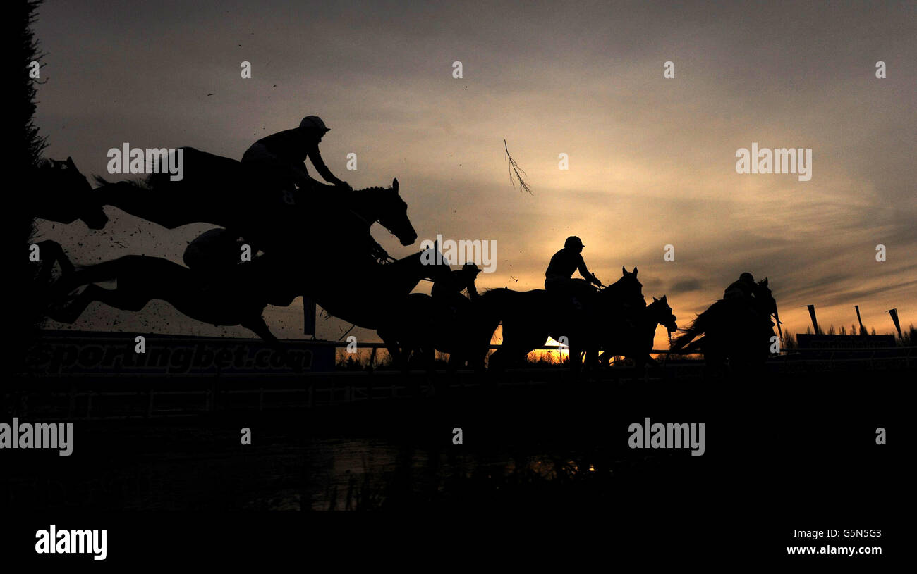 Les coureurs et les coureurs sont silhouettés lorsqu'ils sautent sur l'eau pendant le Sportingbet Open handicap Chase pendant le Festival d'hiver de Sportingbet à l'hippodrome de Newbury. Banque D'Images