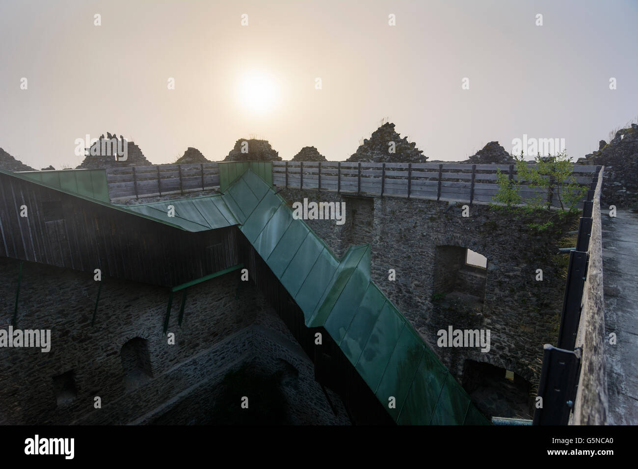 Neunußberg Château : tour d'habitation, Morning Mist, Viechtach, Allemagne, Bavière, Bayern, Niederbayern, Basse-Bavière Banque D'Images