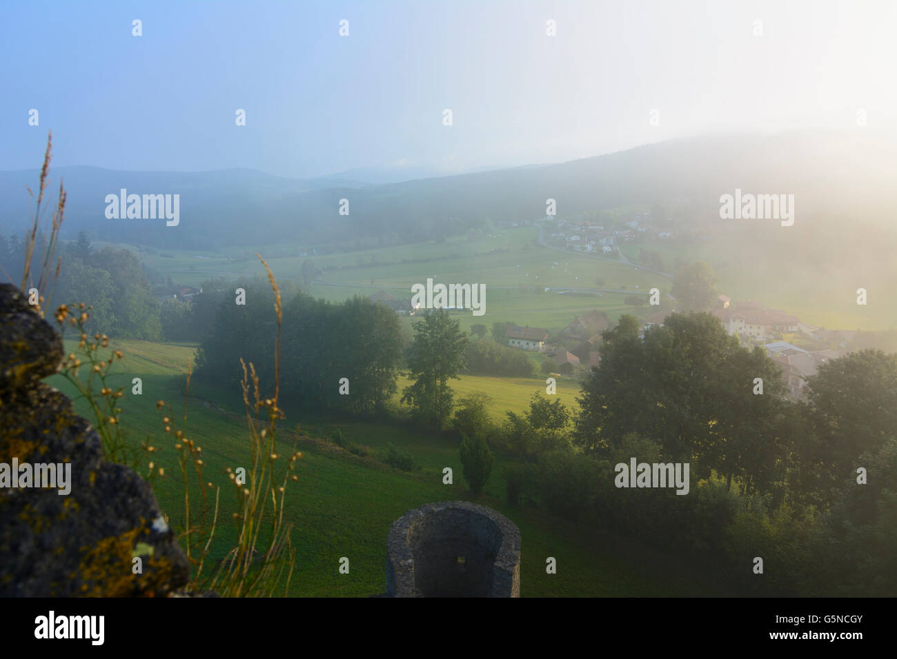 Neunußberg Château : La vue de la chambre de la tour dans la brume matinale sur Neunußberg et la forêt de Bavière, Viechtach, Allemagne, Baye Banque D'Images