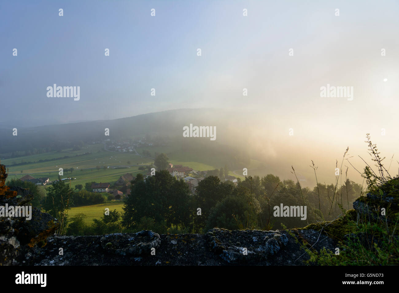 Neunußberg Château : La vue de la chambre de la tour dans la brume matinale sur Neunußberg et la forêt de Bavière, Viechtach, Allemagne, Baye Banque D'Images