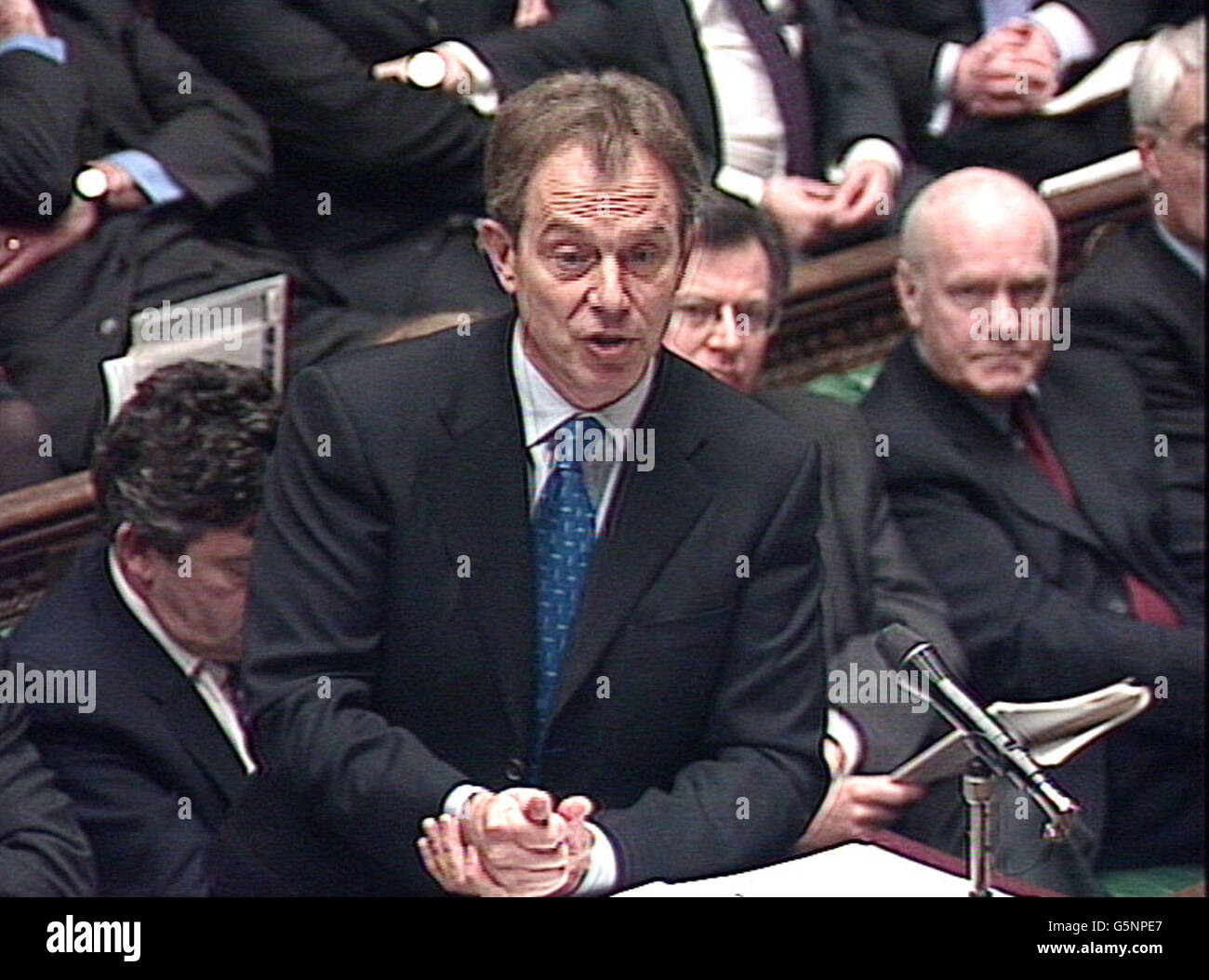 Capture d'écran du premier ministre Tony blair pendant les questions du premier ministre à la Chambre des communes, à Londres. Banque D'Images
