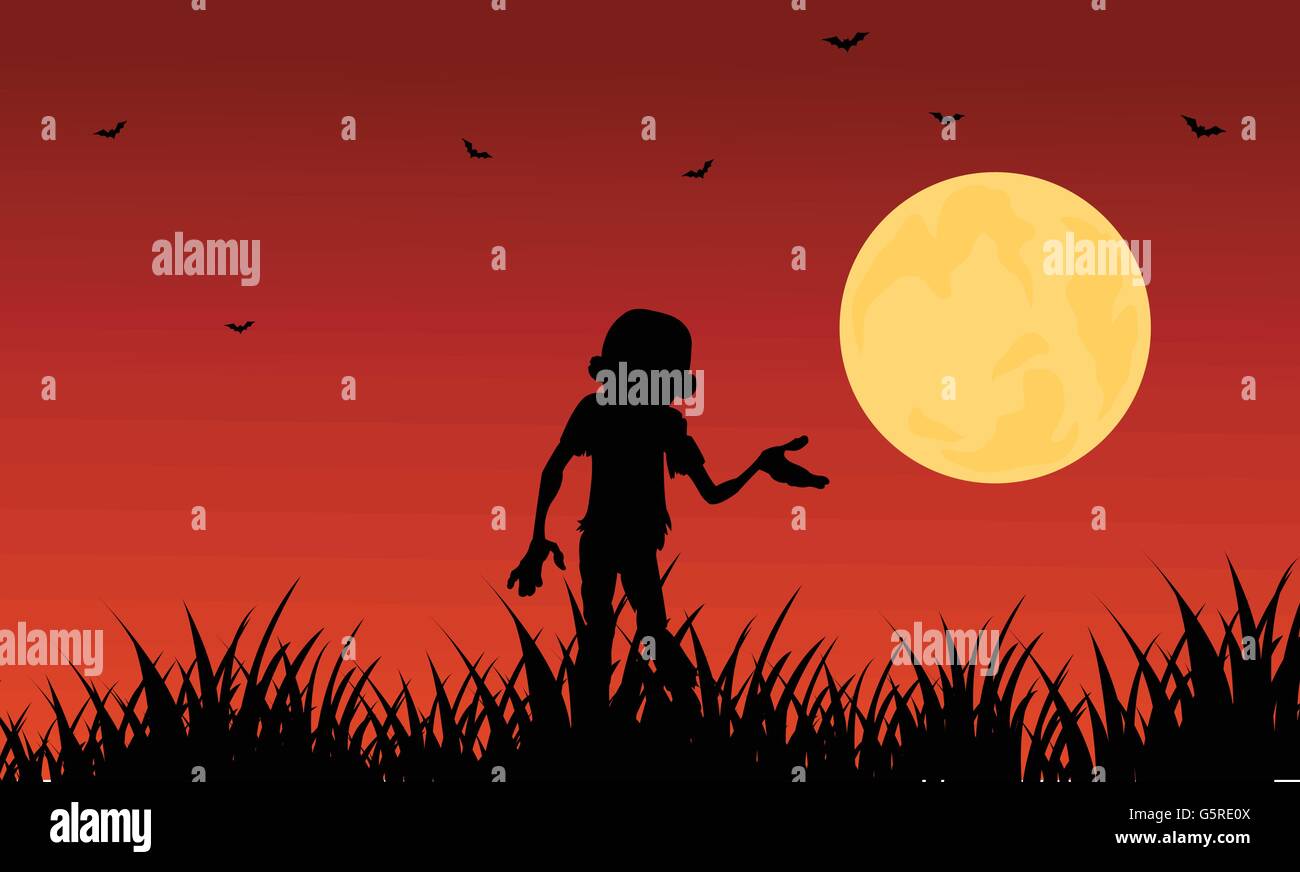 Zombie Halloween silhouette sur fond rouge Illustration de Vecteur