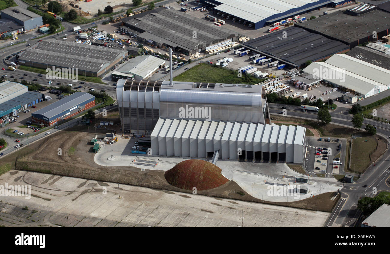 Vue aérienne de la nouvelle usine d'incinération des déchets à Cross AD Kelda vert, Leeds construit par Veolia Ltd, Royaume-Uni Banque D'Images