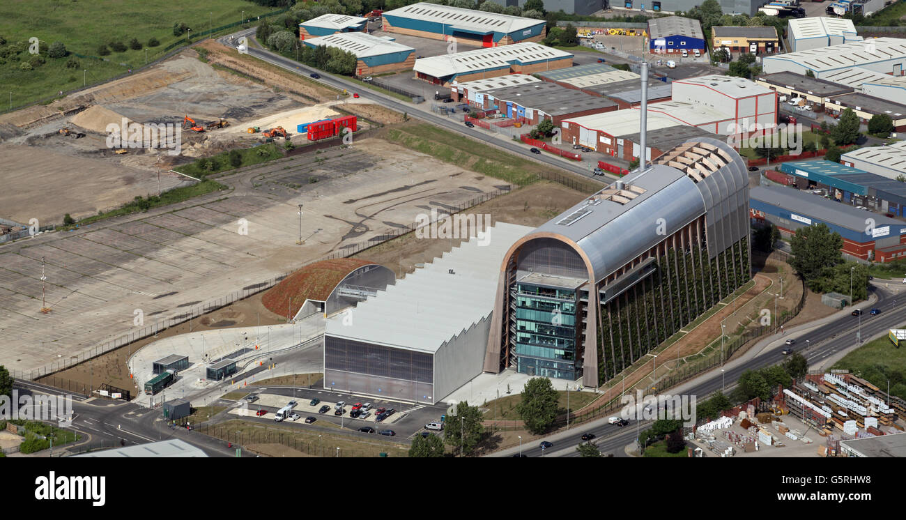 Vue aérienne de la nouvelle usine d'incinération des déchets à Cross AD Kelda vert, Leeds construit par Veolia Ltd, Royaume-Uni Banque D'Images