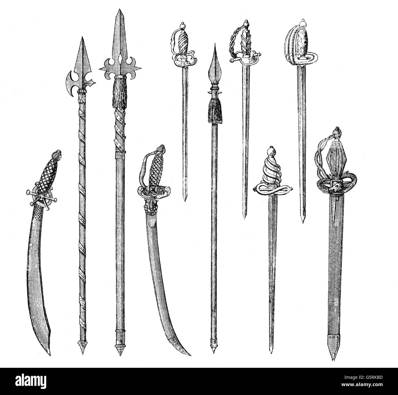 Militaire, armes et armure, différentes armes de coupe et de poussée ainsi que les armes polaires du XVIIIe siècle, gravure de bois, 19e siècle, sabre, sabres, halberd, halberds, arme de pôle, arme, armes, armes, partisans, épées, épée, spontoon, spontoons, historique, historique, droits additionnels-Clearences-non disponible Banque D'Images