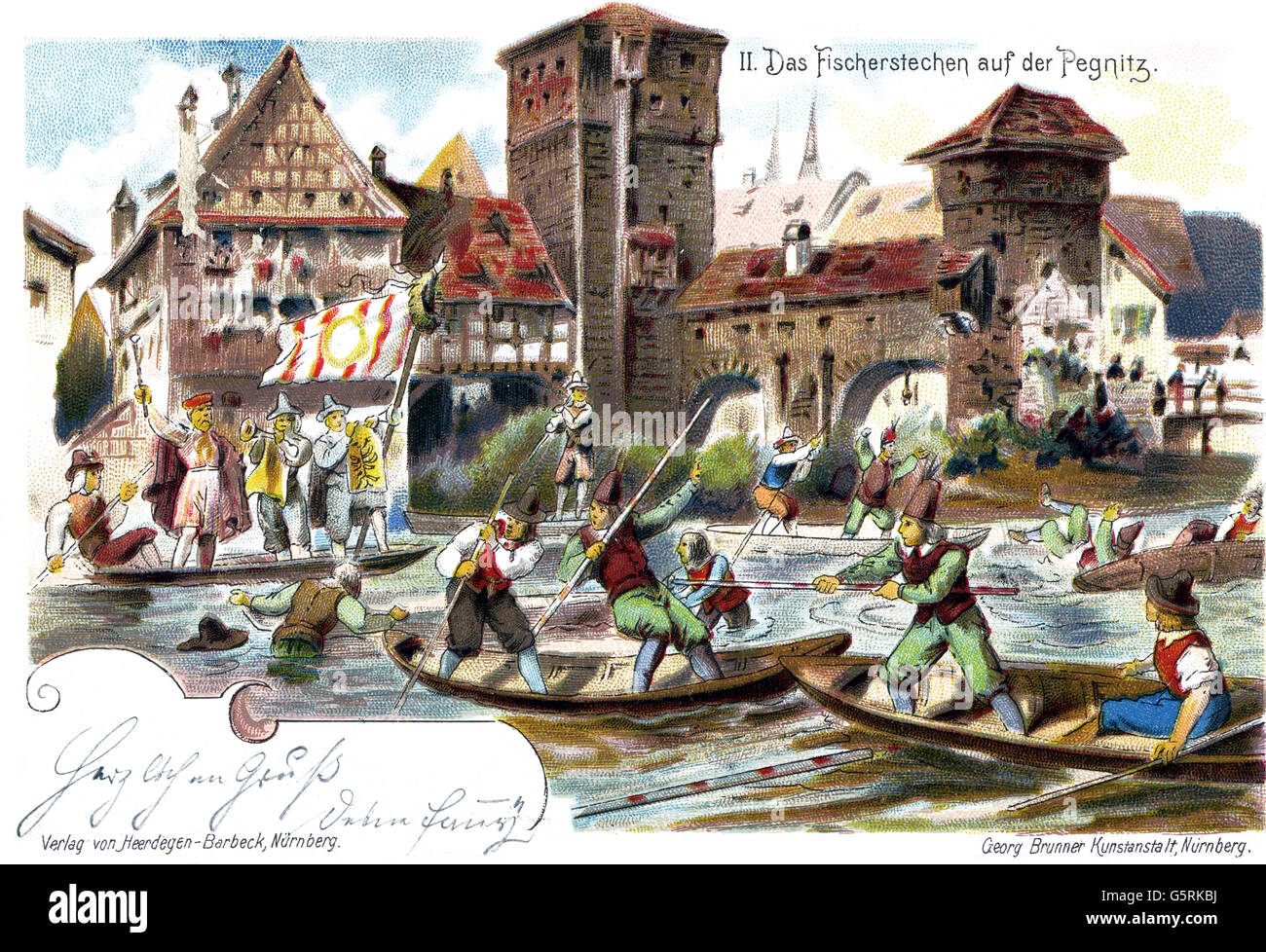 Custom, Leipzig joute d'eau sur la rivière Pegnitz, Nuremberg, Allemagne, dessin, carte postale d'art, estampillé 1899, droits supplémentaires-Clearences-non disponible Banque D'Images