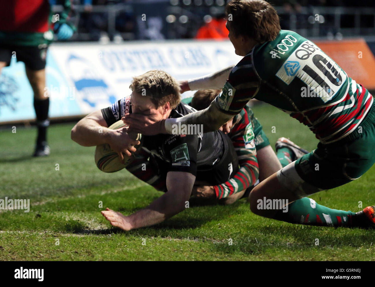 DaN Biggar d'ospreys plonge dans le coin pour marquer un essai contre les Tigers de Leicester pendant le match Heineken Cup Pool Two au Liberty Stadium, Swansea. Banque D'Images