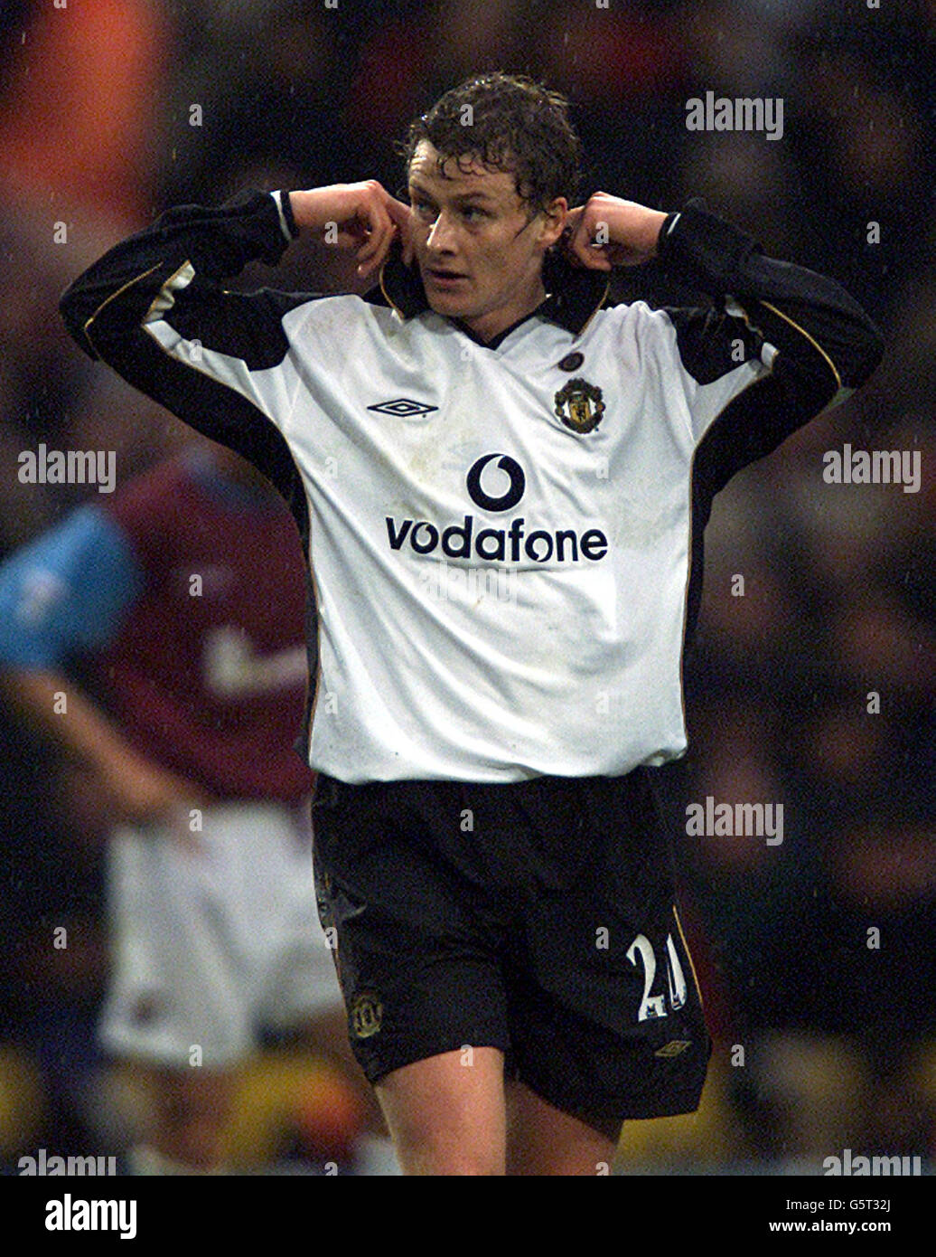 Ole Gunnar Solskjear de Manchester United pendant la F.A.Match Barclaycard Premiership entre West Ham United et Manchester United, à Upton Park, à l'est de Londres. Banque D'Images