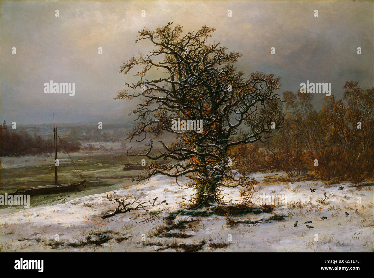 Johan Christian Dahl - Arbre de chêne de l'Elbe en hiver Banque D'Images