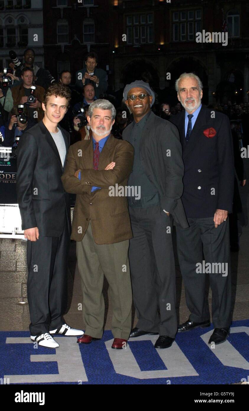 De gauche à droite ; Hayden Christensen, George Lucas, Samuel L Jackson et Christopher Lee arrivent pour la première caritative de Star Wars: Episode II - attaque des clones à l'Odeon Leicester Square à Londres. Banque D'Images