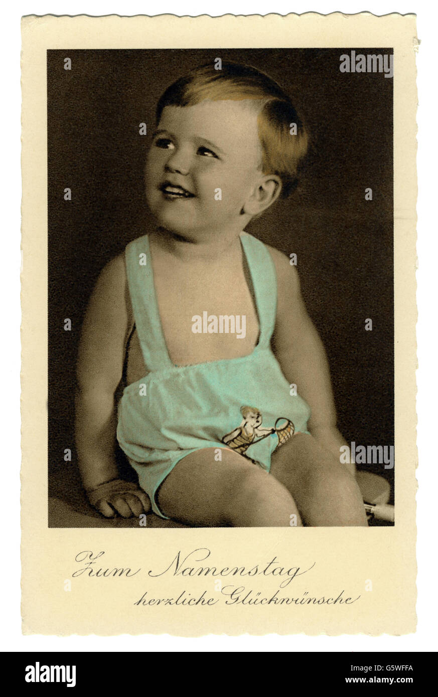 Festivités, cartes de voeux nom jour, 'Zum Namenstage herzliche Glückwünsche' (souhaits les plus chaleureux pour votre nom), petit garçon, carte postale photo colorée, années 1930, droits-supplémentaires-Clearences-non disponible Banque D'Images