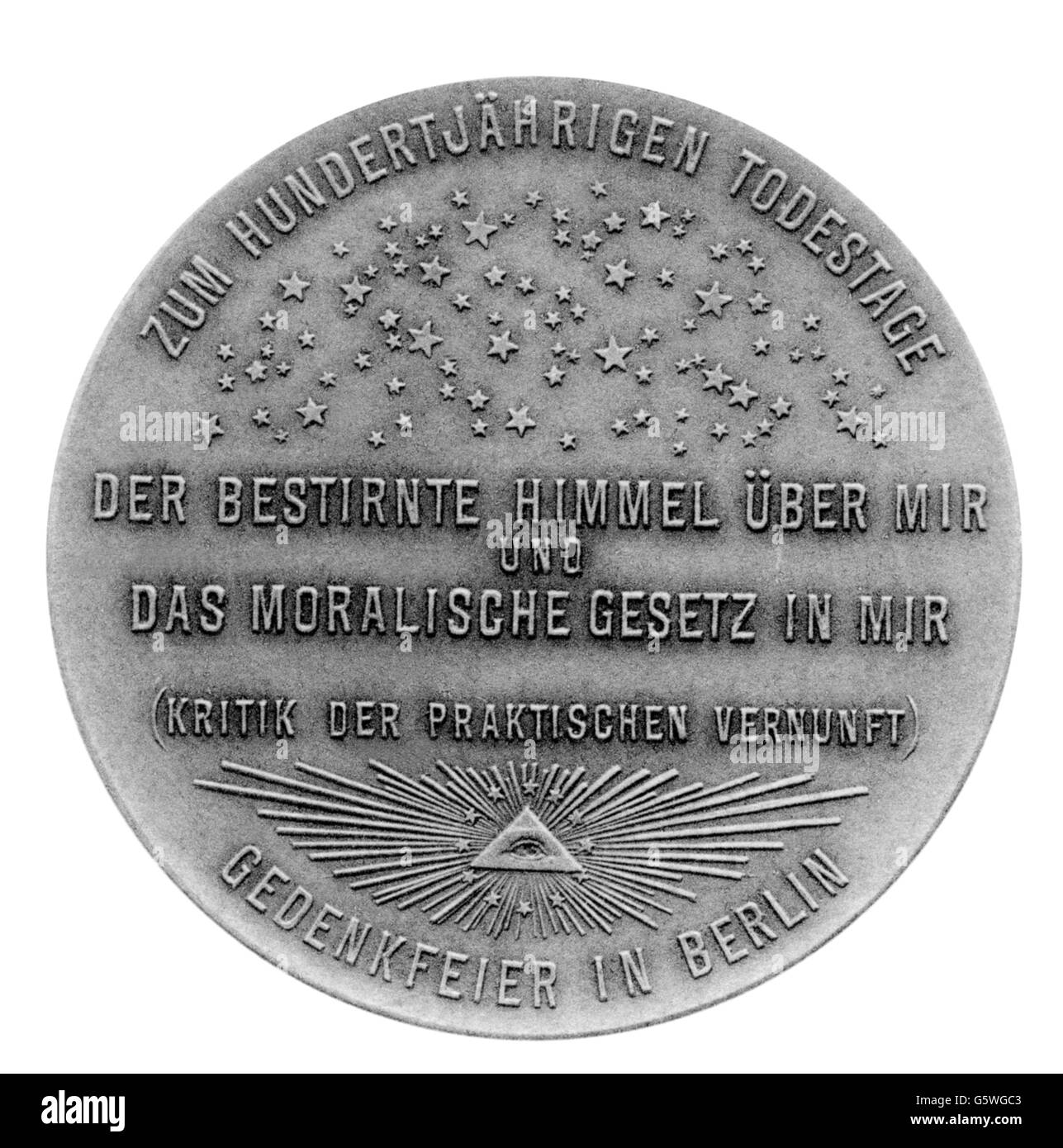Kant, Emmanuel, 22.4.1724 - 12.2.1804, philosophe allemand, médaille du 100ème anniversaire de sa mort, reverse, Stuttgarter Metallwarenfabrik Mayer & Wilhelm, célèbre série masculine, Stuttgart, 1904, Banque D'Images