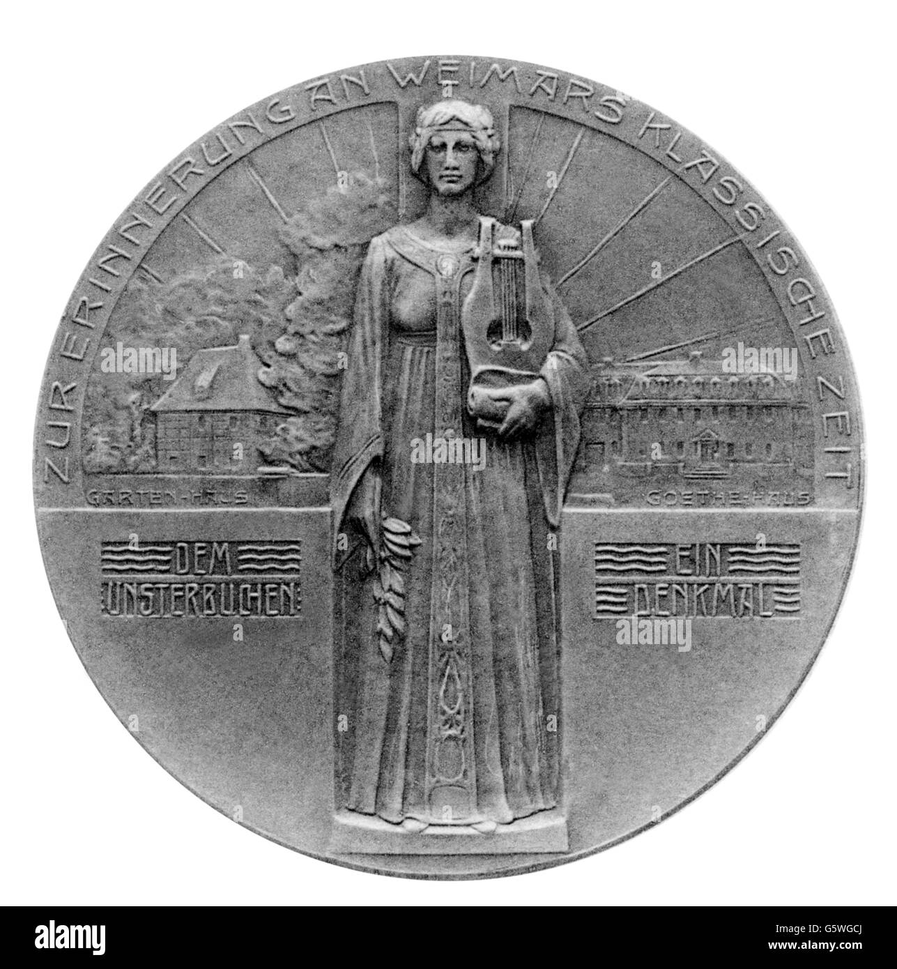 Goethe, Johann Wolfgang, 28.8.1749 - 22.3.1832, auteur/écrivain allemand, médaille, réal, maison d'été et Maison Goethe, Stuttgarter Metallwarenfabrik Mayer & Wilhelm, célèbre série masculine, Stuttgart, vers 1900, Banque D'Images