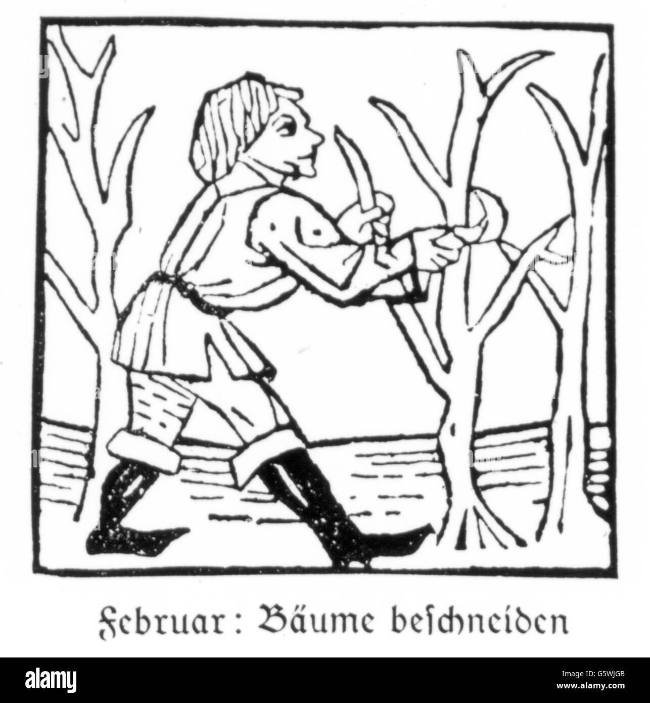Saison, 'février', homme tailler arbre, coupe de bois, imprimé: Johann Bämler, Augsbourg, vers 1483, droits supplémentaires-Clearences-non disponible Banque D'Images