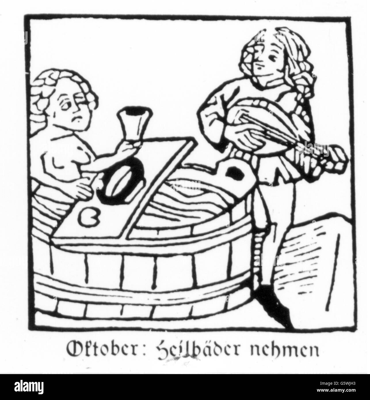 Saison, 'octobre', homme prenant bain thérapeutique, coupe de bois, imprimé: Johann Bämler, Augsbourg, vers 1483, droits additionnels-Clearences-non disponible Banque D'Images
