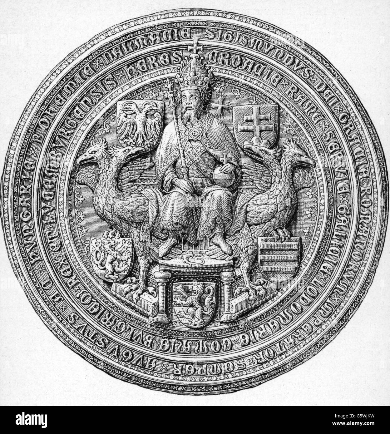 Sigismund, 15.2.1368 - 9.12.1437, empereur romain Saint 31.5.1433 - 9.12.1437, pleine longueur, sceau, vers 1435, gravure sur bois, XIXe siècle, Banque D'Images