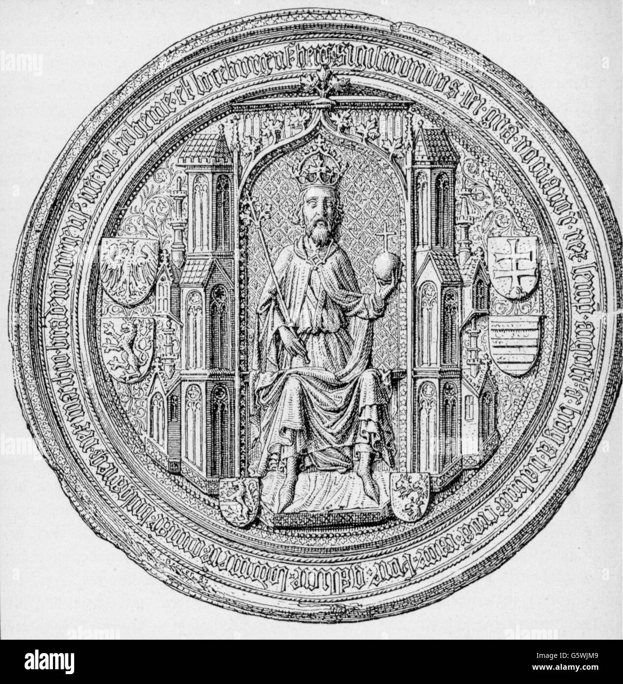Sigismund, 15.2.1368 - 9.12.1437, empereur romain Saint 31.5.1433 - 9.12.1437, pleine longueur, sceau, vers 1430, gravure sur bois, XIXe siècle, Banque D'Images