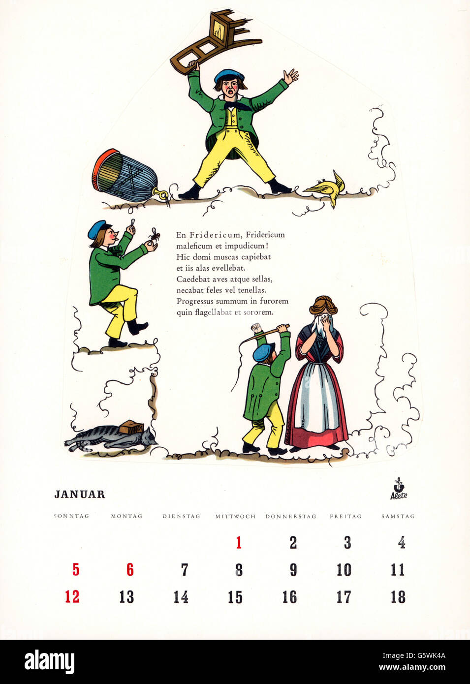 Littérature, 'der Struwwwwelpeter', l'histoire de Bad Frederick, par Heinrich Hoffmann (1809 - 1894), 1845, feuille de calendrier avec texte latin, 20e siècle, droits additionnels-Clearences-non disponible Banque D'Images