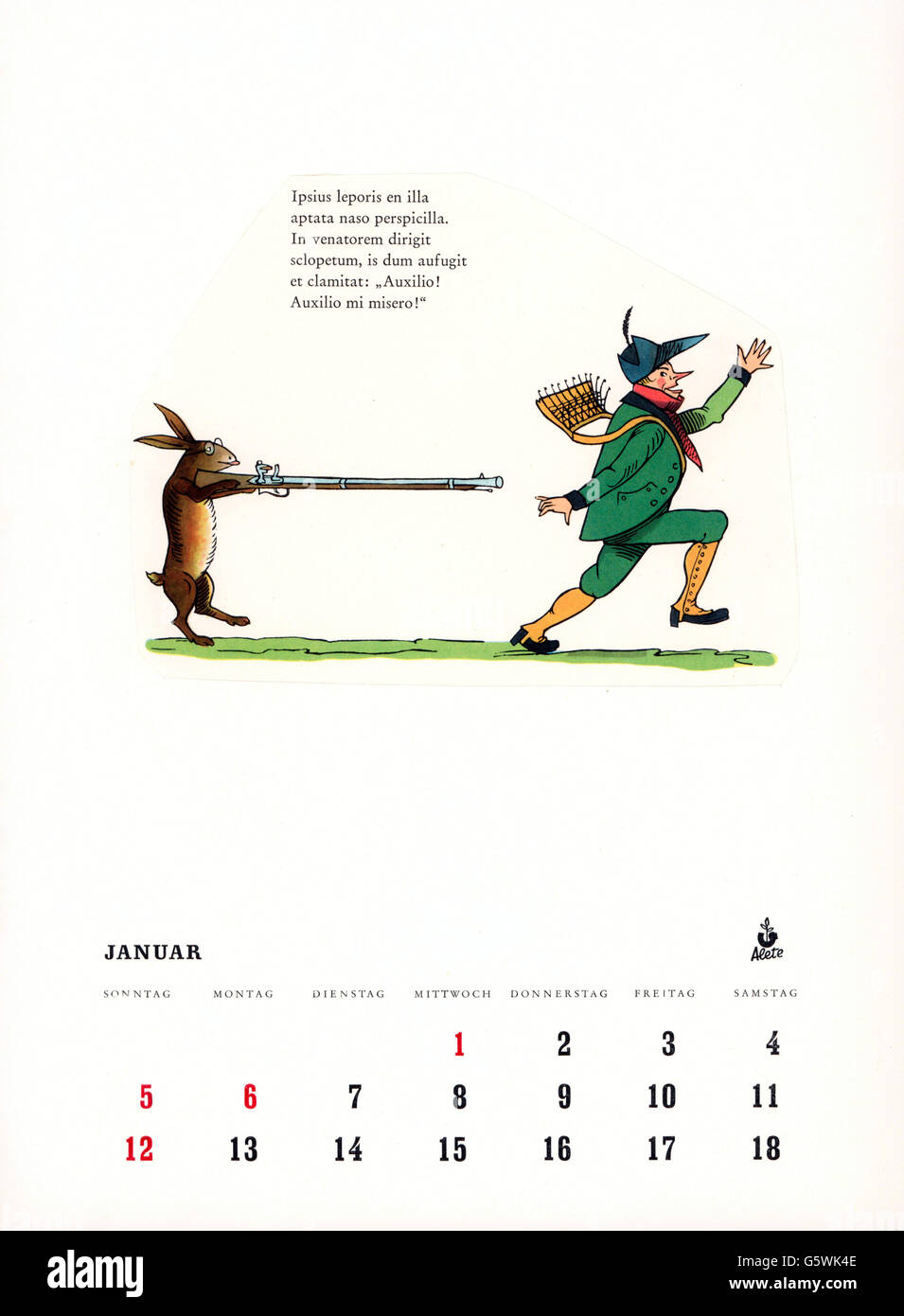 Littérature, 'der Struwwwwelpeter', l'histoire du chasseur sauvage, par Heinrich Hoffmann (1809 - 1894), 1845, feuille de calendrier avec texte latin, 20e siècle, droits additionnels-Clearences-non disponible Banque D'Images