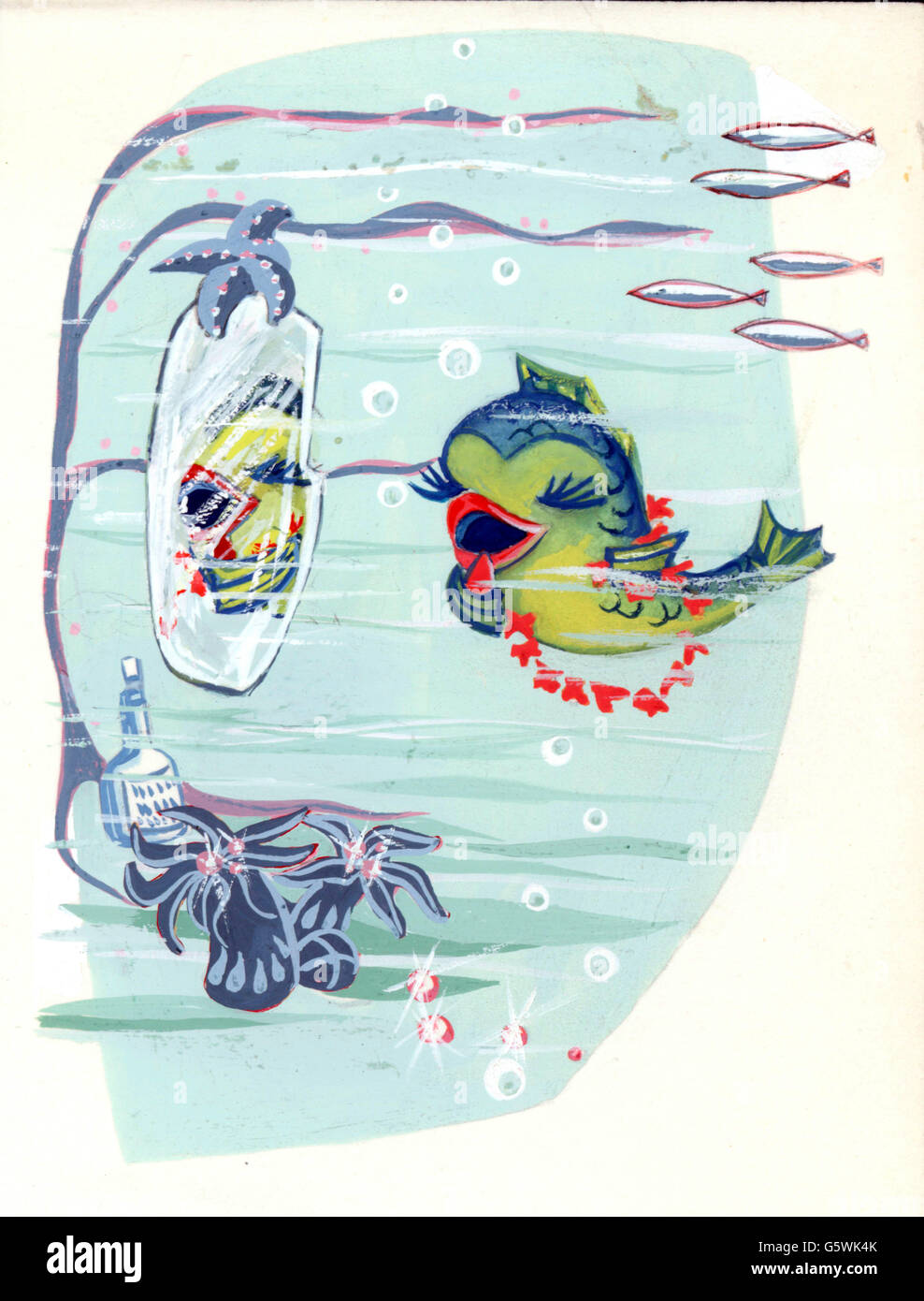 Littérature, illustrations, poissons femelles se regardant dans le miroir, ébauche pour un livre d'histoire inédit, artiste inconnu, Allemagne, années 1950, droits additionnels-Clearences-non disponible Banque D'Images