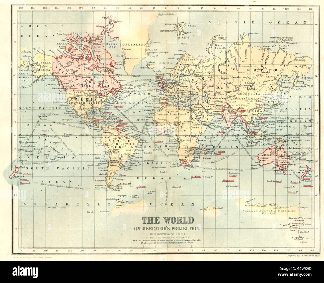 Monde : la projection de Mercator montrant Empire britannique antarctique carte 1864 /supposé Banque D'Images