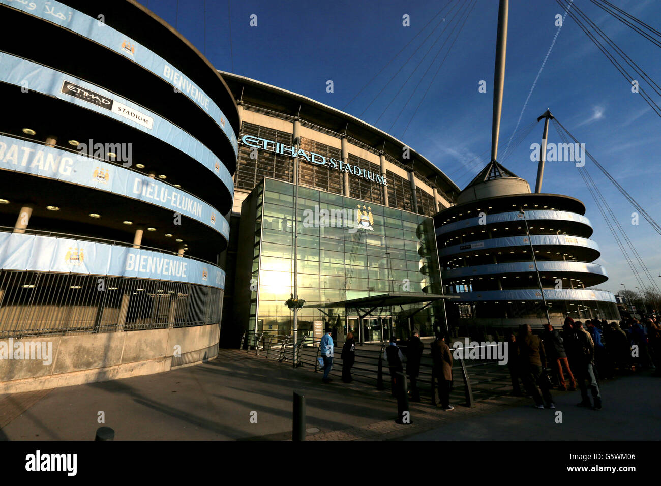 Vue générale de l'extérieur du Etihad Stadium, stade de Manchester City Banque D'Images