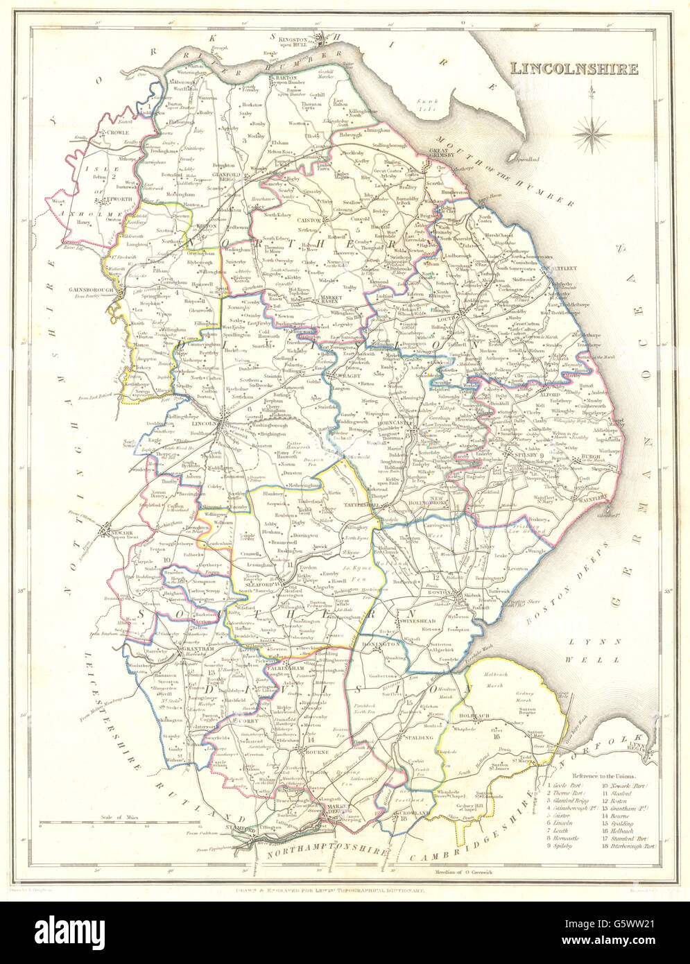 Le Lincolnshire : Lincs. Lewis. Contour original de coloration, 1849 carte antique Banque D'Images