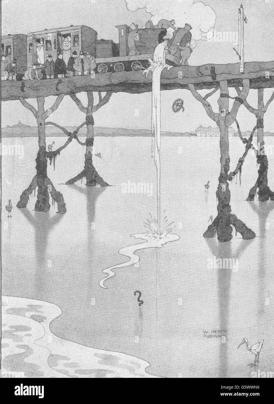 HEATH ROBINSON : moteur driver sacrifier la ponctualité pour sauver l'anguille.Petit, 1935 Banque D'Images