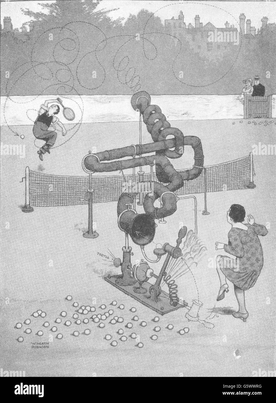 HEATH ROBINSON::Tennis Wimbledon Tube servant.Pratique recevoir servir.PETITE 1935 Banque D'Images