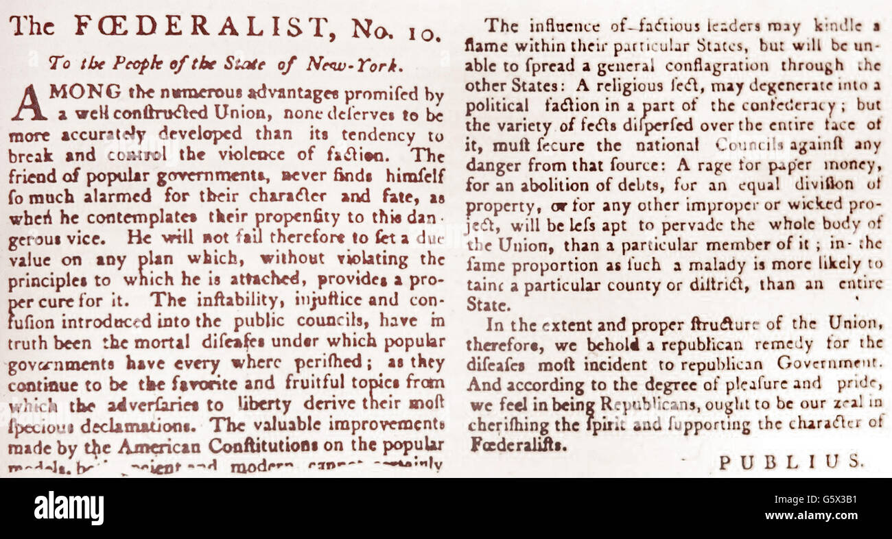 Géographie / voyage, Etats-Unis, politique, Fédéraliste Papers, article 10, écrit par James Madison (1751 - 1836), de: 'New York Packet', New York, 22.11.1787, droits additionnels-Clearences-non disponible Banque D'Images