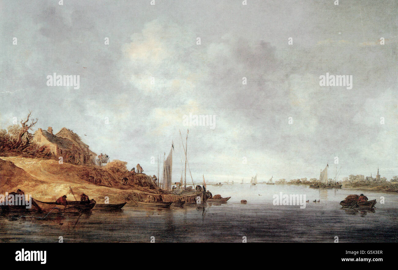 Beaux-arts, Goyen, Jan van (1596 - 1656), peinture, « paysage de rivière avec bateaux », 1640, huile sur panneau, 52 x 82 cm, droits supplémentaires-Clearences-non disponible Banque D'Images