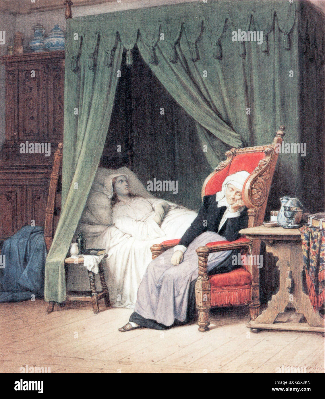 Médecine, malade, 'Das Krankenzimmer' (la faucille), peinture par Friedrich Eduard Meyerheim (1808 - 1879), 1838, aquarelle sur carton, 17.2 x 15 cm, Additional-Rights-Clearences-Not Available Banque D'Images