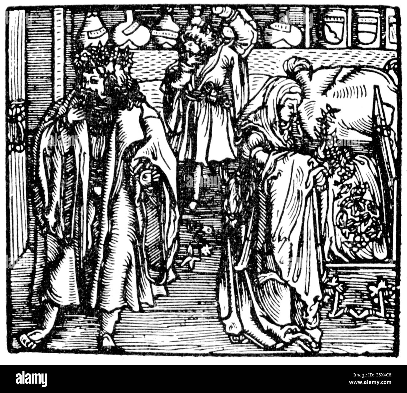 Médecine, maladies, goutte, guérisseur aux herbes, coupe de bois, de: Paracelsus (vers 1493 - 1541), 'Von Podagraischen Kranckheyten', imprimé: Johann Daubmann, Königsberg, 1563, Additional-Rights-Clearences-not available Banque D'Images