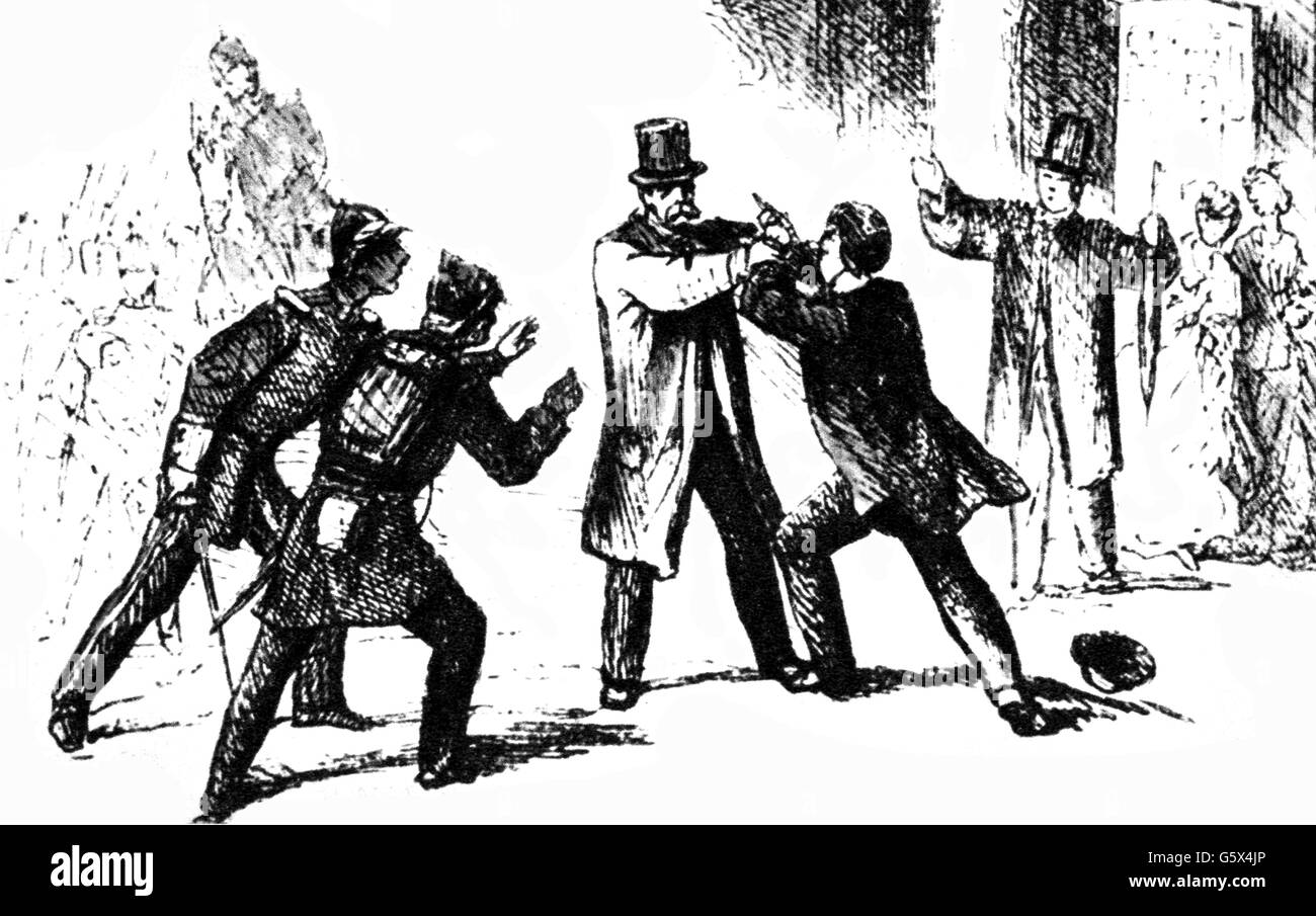 Bismarck, Otto von, 1.4.1815 - 30.7.1898, homme politique allemand, premier ministre prussien, tentative d'assassinat par Ferdinand Cohen-Blind, Unter den Linden, Berlin, 7.5.1866, dessin, 19e siècle, l'artiste n'a pas d'auteur pour être effacé Banque D'Images