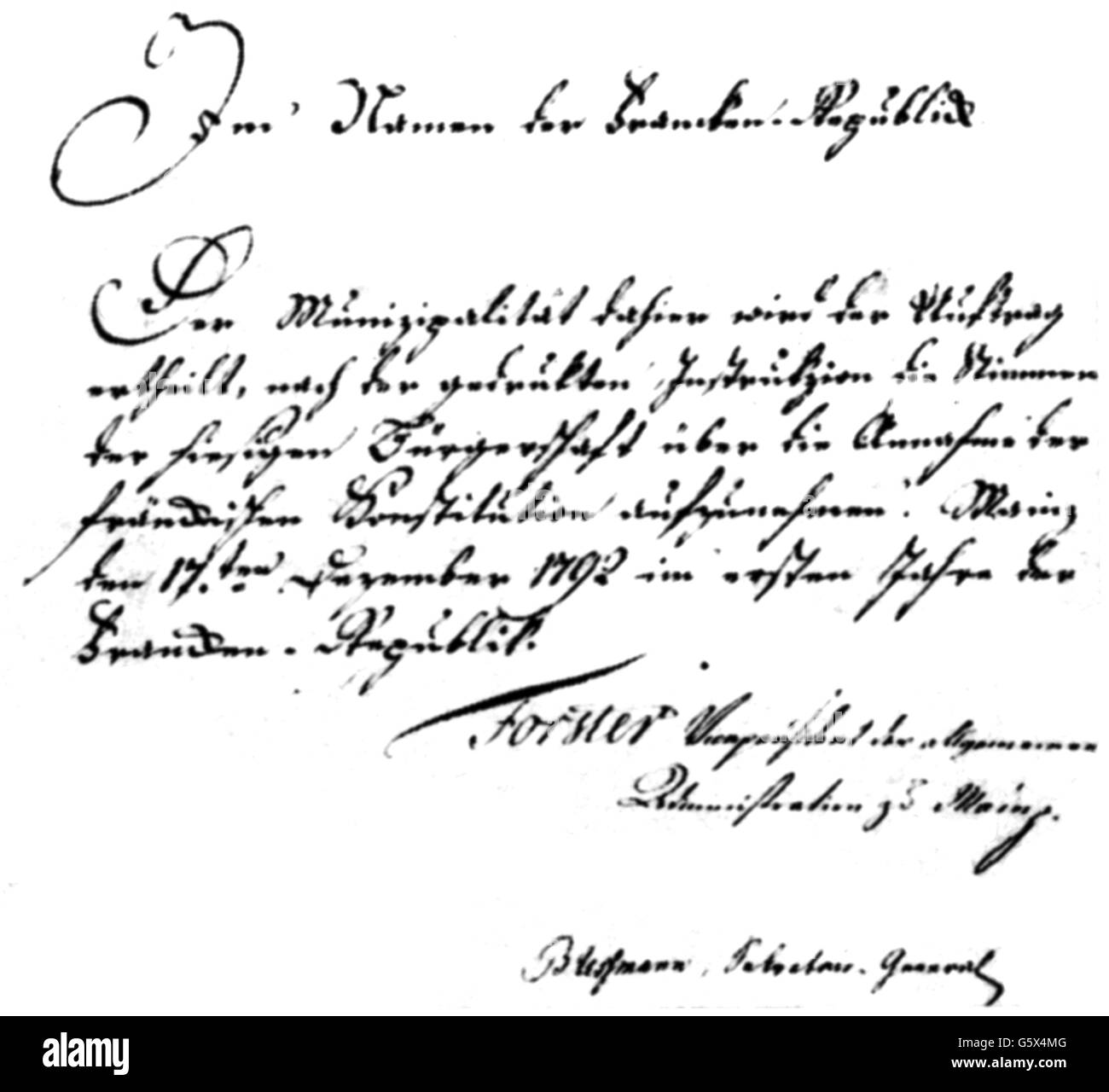 Révolution française 1789 - 1799, exportation de la révolution, République de Mayence 1792 - 1793, directive pour le vote à 17.12.1792, signée par Johann Georg Forster, Mayence, Jacobins, Jacobinisme, Jacobin Club, sondages, élections, élections, démocratie, démocraties, Free State of, demande, scrutin secret, illumination, Allemagne, Saint Empire romain, politique, politique intérieure, Politique de l'intérieur, XVIIIe siècle, révolution, révolutions, république, républiques, historique, historique, droits additionnels-Clearences-non disponible Banque D'Images