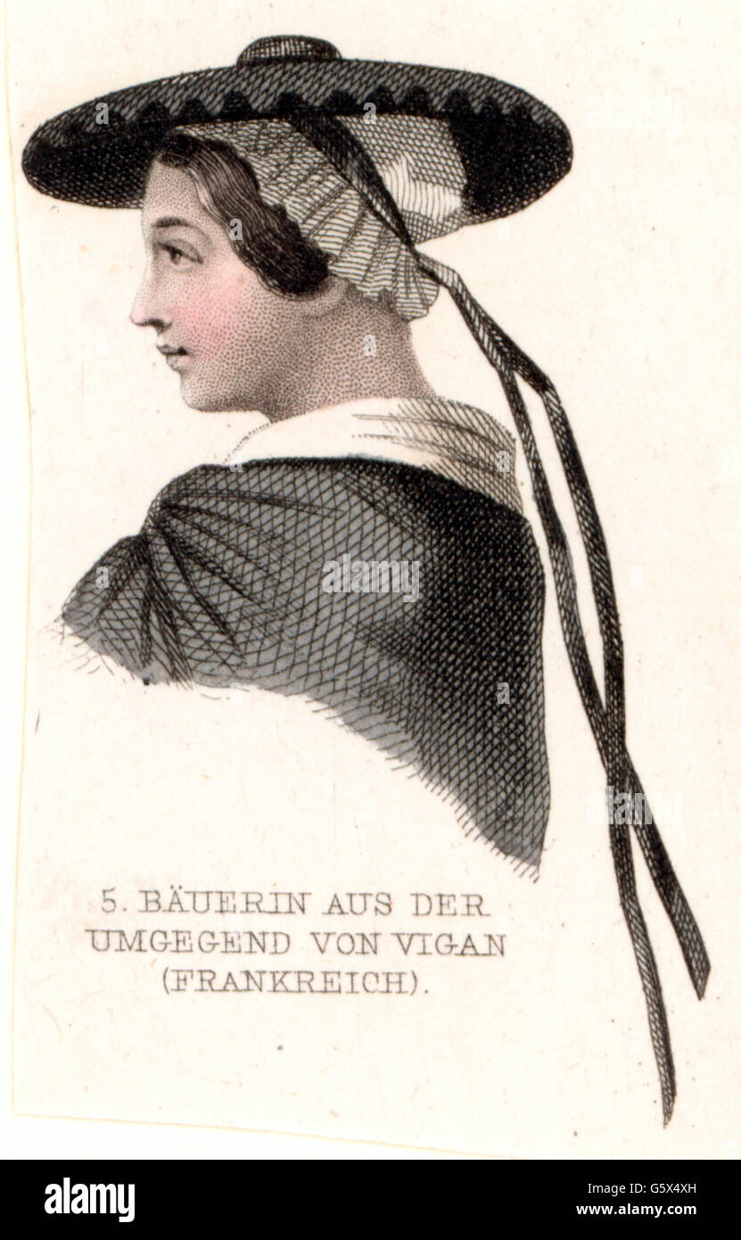 Mode, 19e siècle, paysfemme avec chapeau, Vigan, gravure colorée, 19e  siècle, graphique, graphique, France, mode pour femmes, vêtements, tenue,  accessoires, pièce de tête, coiffures, chapeau, chapeaux, bonnet, bonnet,  bonnet, bonnets, bonnets, ruban,