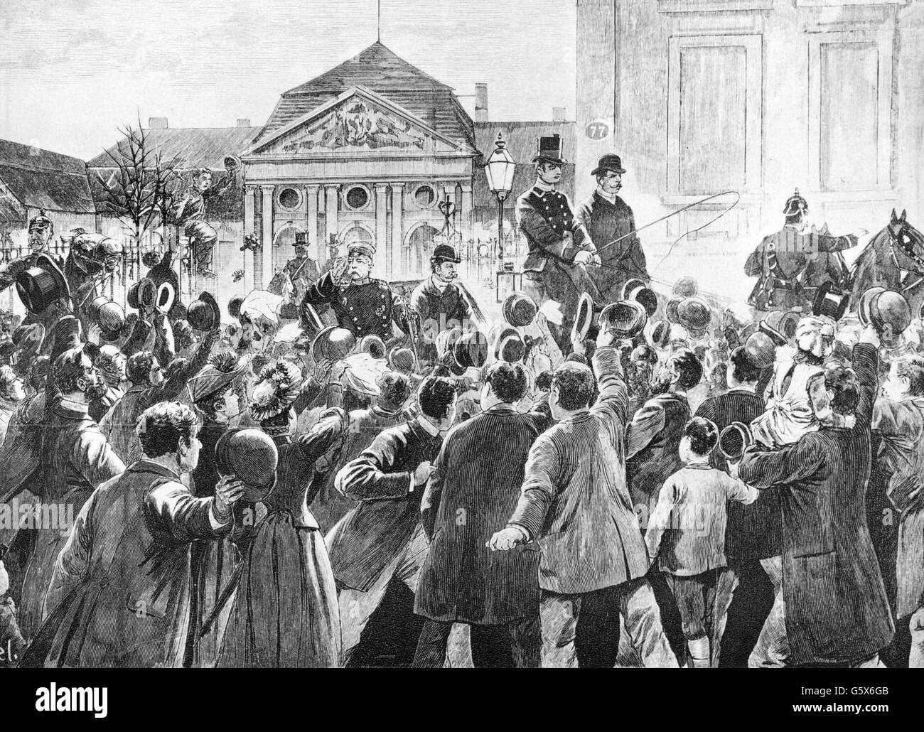 Bismarck, Otto von, 1.4.1815 - 30.7.1898, homme politique allemand, chancelier de l'Empire allemand 4.5.1871 - 20.3.1890, de quitter Berlin avec son fils Herbert, 20.3.1890, gravure sur bois après le dessin de l'artiste, Richard Knoetel Copyright n'a pas à être effacée Banque D'Images