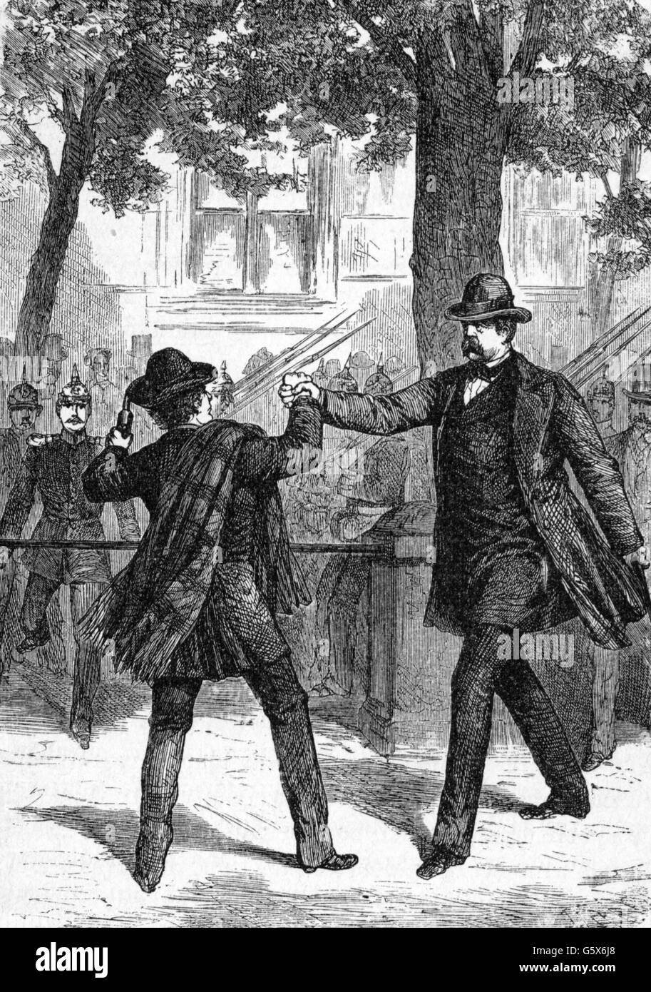 Bismarck, Otto von, 1.4.1815 - 30.7.1898, homme politique allemand, Premier ministre prussien 23.9.1862 - 22.12.1872, tentative d'assassinat par Ferdinand Cohen-Blind, Unter den Linden, Berlin, 7.5.1866, gravure sur bois, fin du xixe siècle, l'artiste n'a pas d'auteur pour être effacé Banque D'Images