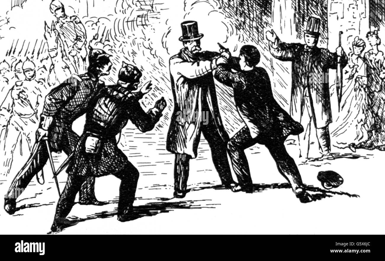 Bismarck, Otto von, 1.4.1815 - 30.7.1898, homme politique allemand, Premier ministre prussien 23.9.1862 - 22.12.1872, tentative d'assassinat par Ferdinand Cohen-Blind, Unter den Linden, Berlin, 7.5.1866, gravure sur bois, contemporain de l'artiste , la fin de l'auteur n'a pas à être effacée Banque D'Images