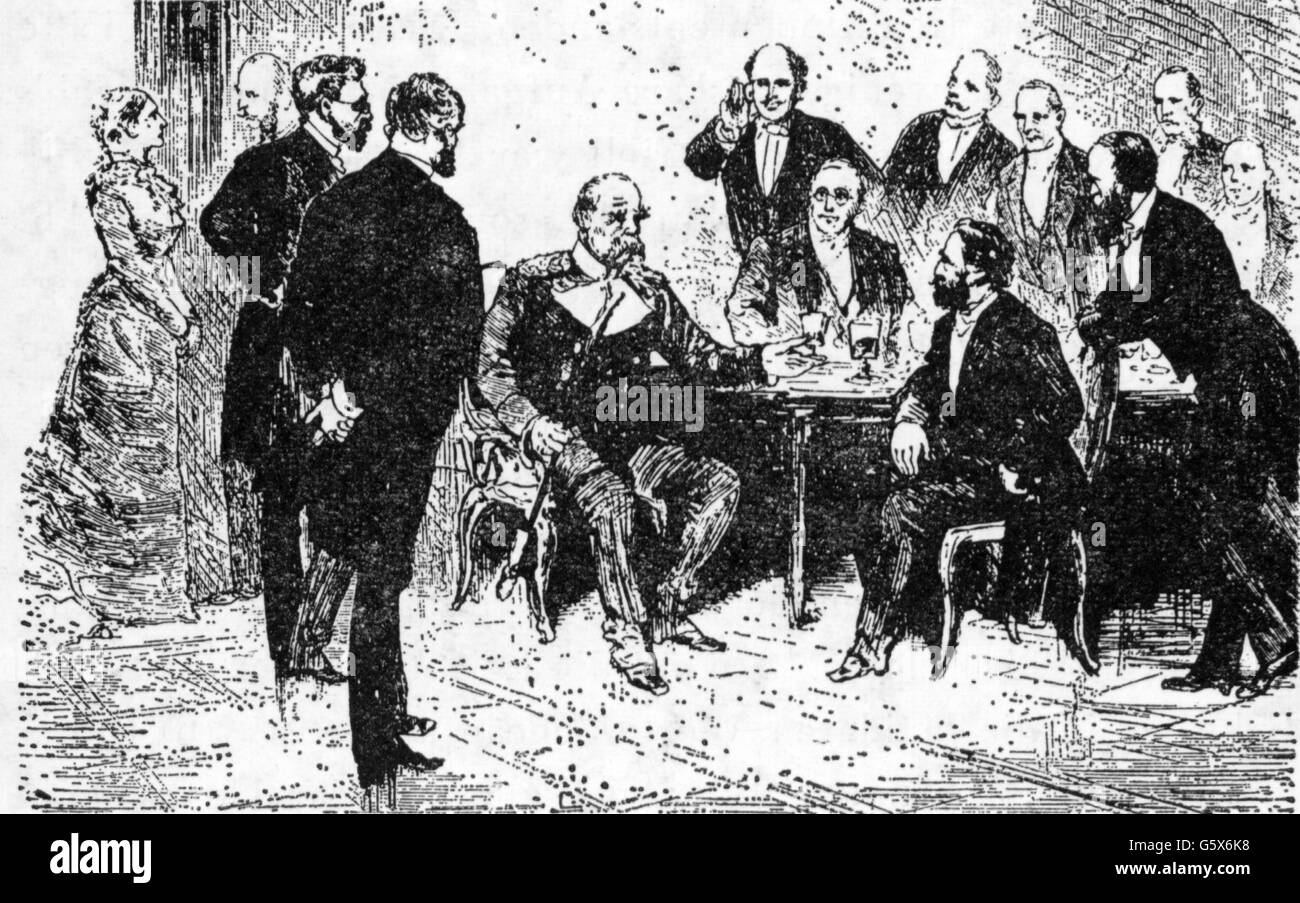 Bismarck, Otto von, 1.4.1815 - 30.7.1898, homme politique allemand, chancelier de l'Empire allemand 4.5.1871 - 20.3.1890, soirée bière parlementaire dans la Chancellerie du Reich, Berlin, gravure sur bois, vers 1885, l'artiste n'a pas d'auteur pour être effacé Banque D'Images