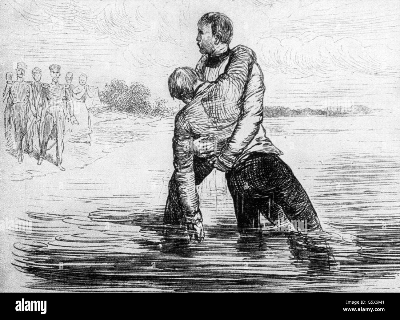 Bismarck, Otto von, 1.4.1815 - 30.7.1898, homme politique allemand, en secourant son fiancé de la noyade, 1842, gravure sur bois, fin du xixe siècle, l'artiste n'a pas d'auteur pour être effacé Banque D'Images